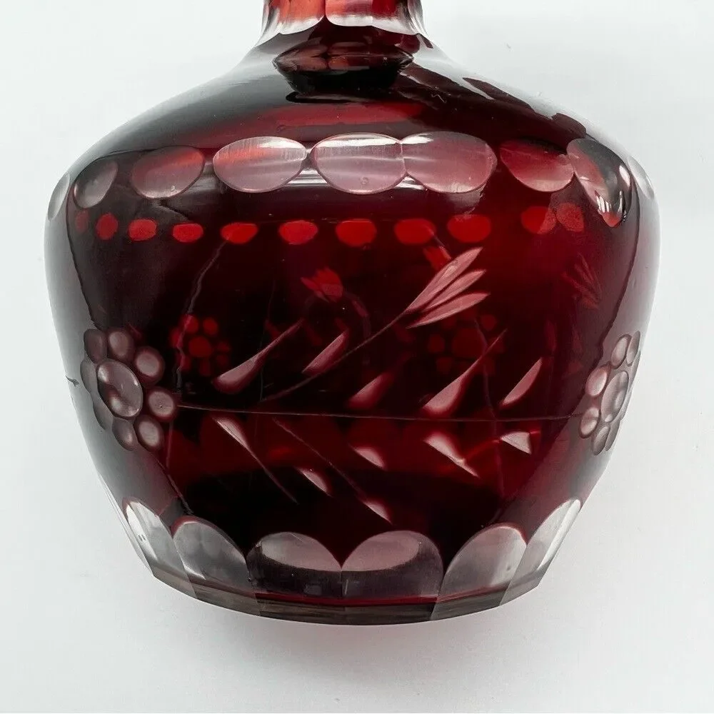Vintage Czech Bohemian Ruby Red Cut To Clear Floral Etched Glass Decanter Vase